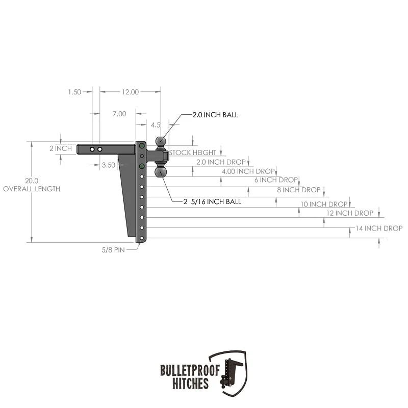 Bulletproof Hitch 2.0" Shank Heavy Duty 14" Drop/Rise Hitch - Image 10